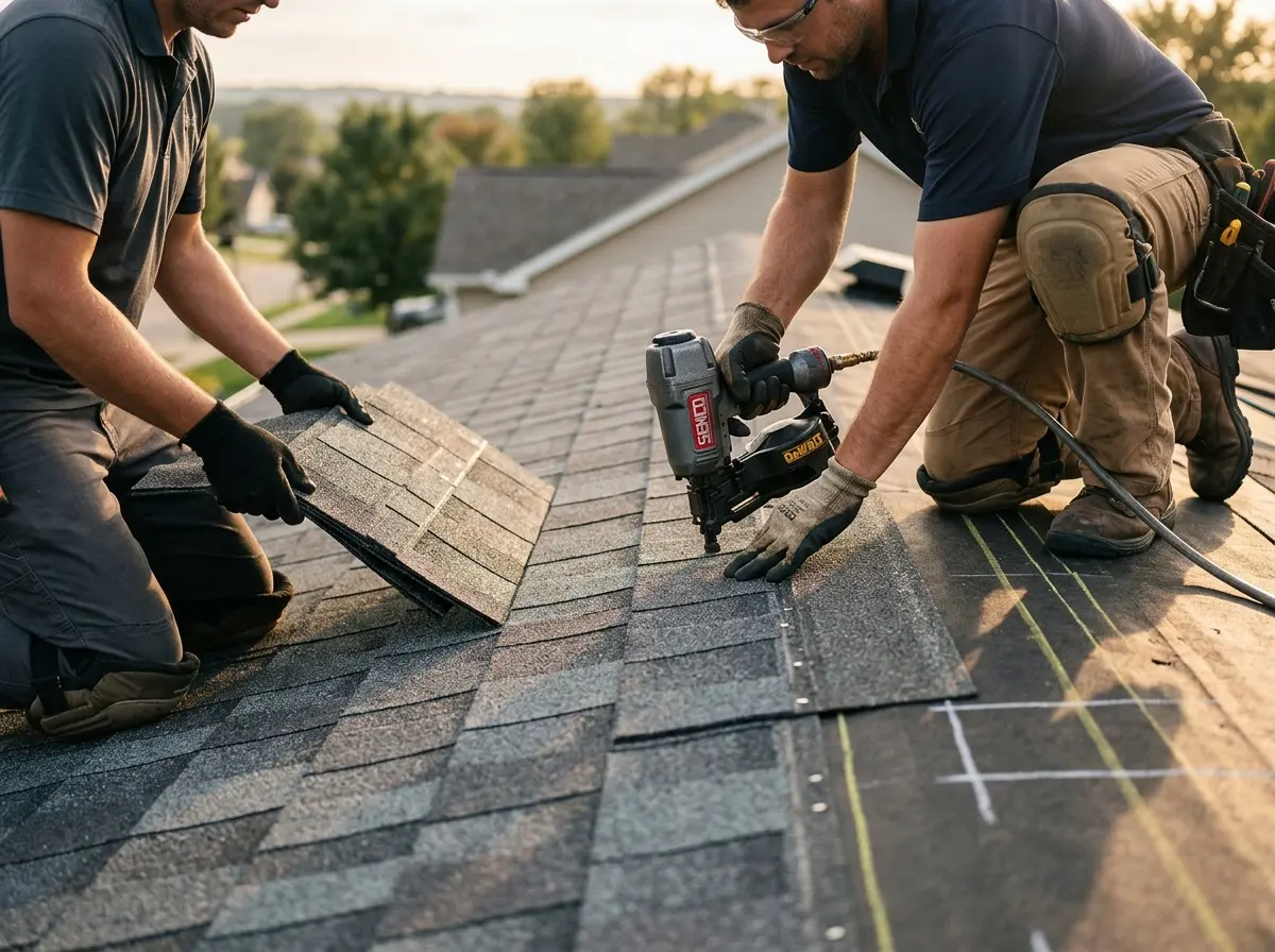 Professional roofer working on a residential roof in Murrieta